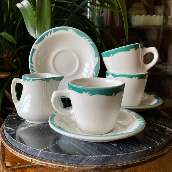 7 Piece Turquoise Restaurantware Heath 1960’s Creamer + 3 Sets of Cups & Saucers - Picture 1 of 11